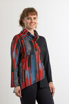 Red Abstract Multi-Colored With Front Slanted Buttons Asymmetrical-Hem Cowl Wrap Shirt , Red, original image number 0